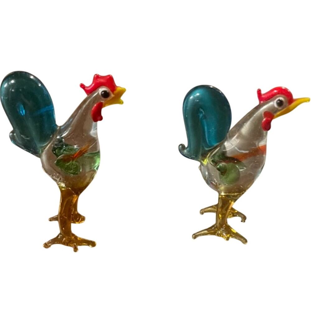 Miniature Art Glass Sculpture Pair of  Rooster Chicken Spun Glass